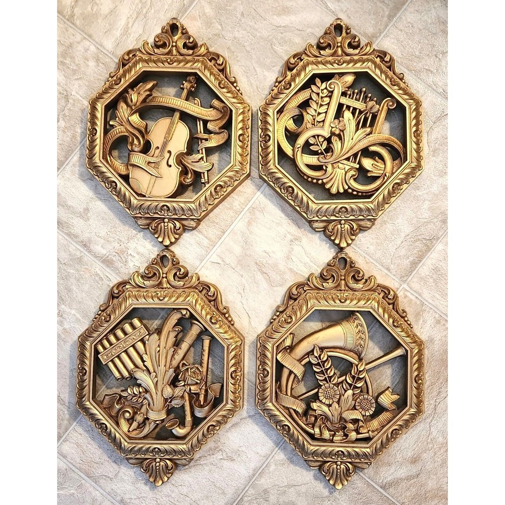 Vintage Homco Wall Decor Plaques Gold Tone Musical Instruments Set of 4